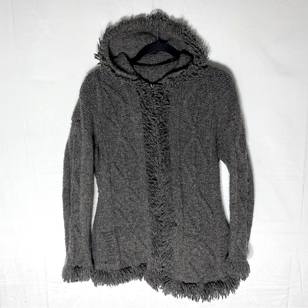 Vintage Handmade Grey Brown Hooded Knit Cardigan M Gorpcore Cabincore Boho